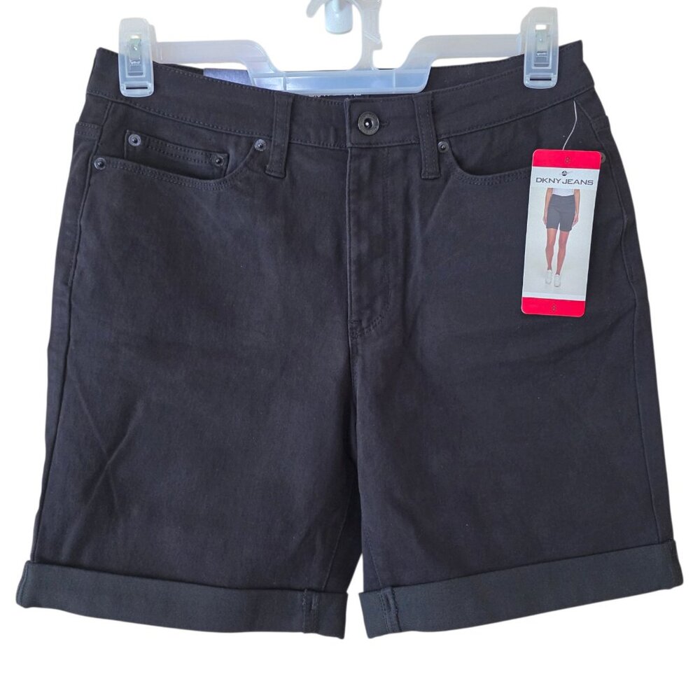 DKNY Jeans Denim Bermuda Mid Rise Cuffed Short Stretch Women's Size 8 Black
